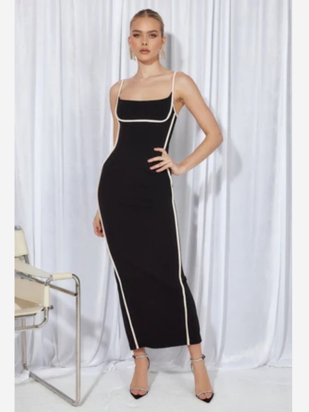 Hello Molly Black Maxi Dress with Cream Contrast Piping